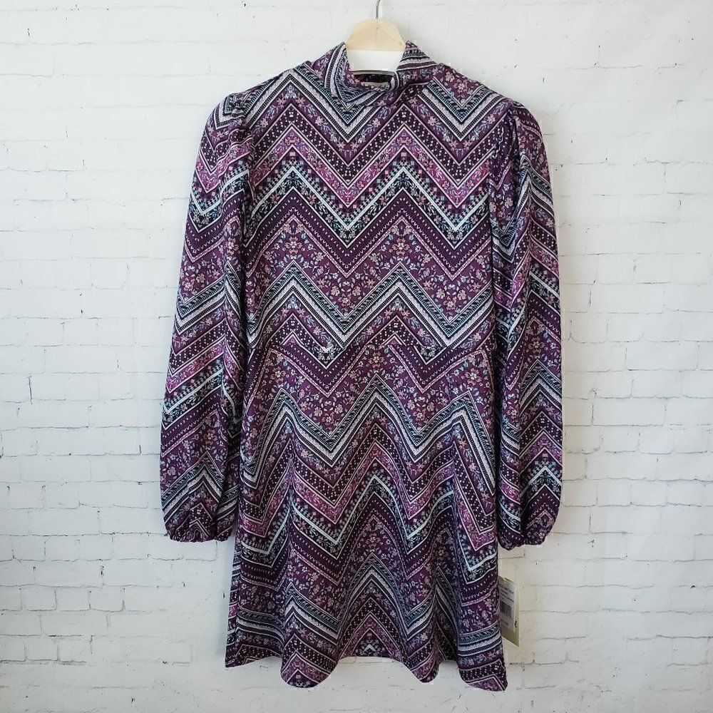 Live To Be Spoiled Purple Chevron Print Dress Size Mock Neck Long Sleeve Mini